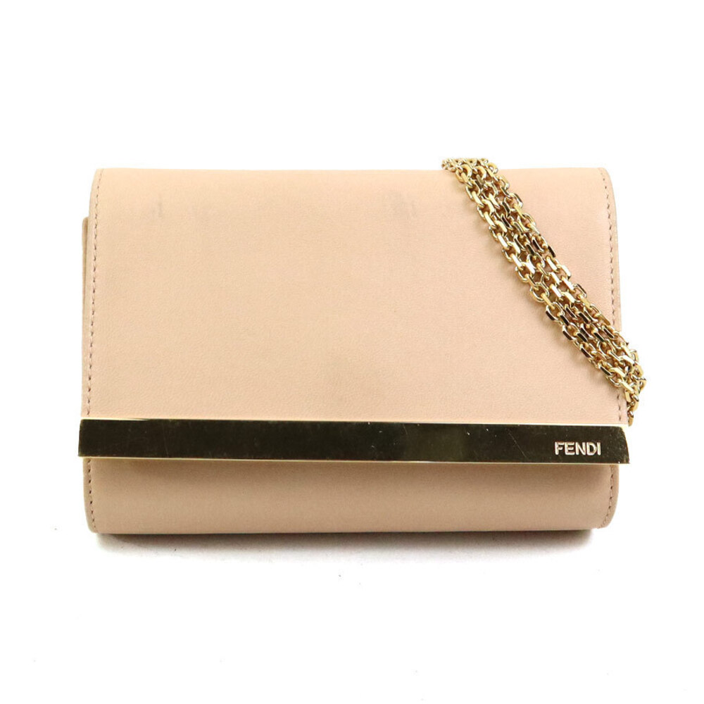 FENDI Crossbody Shoulder Bag Leather Metal Pink Beige Tan Gold